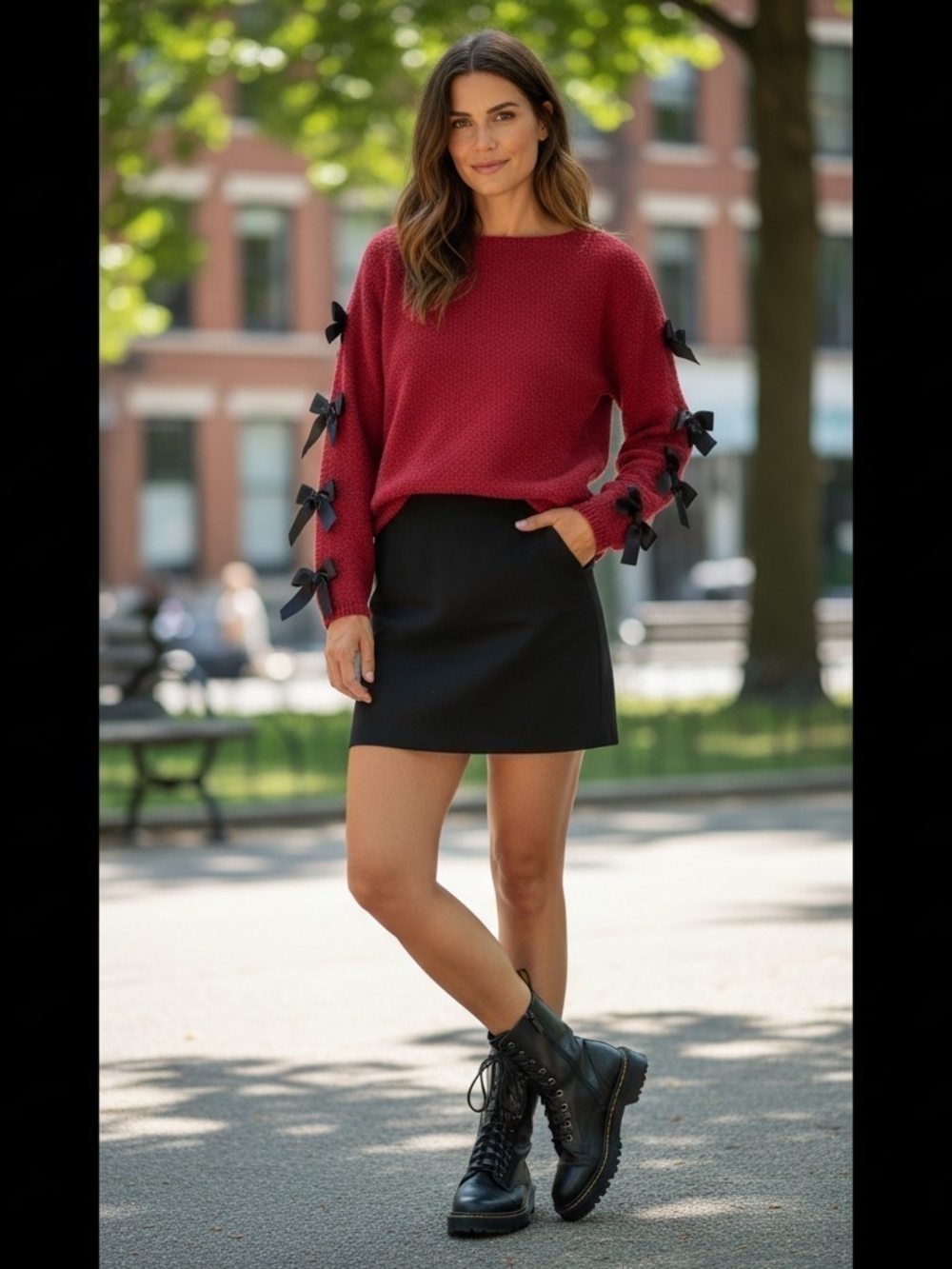 lola Red Crewneck Sweater with Black Bow Details